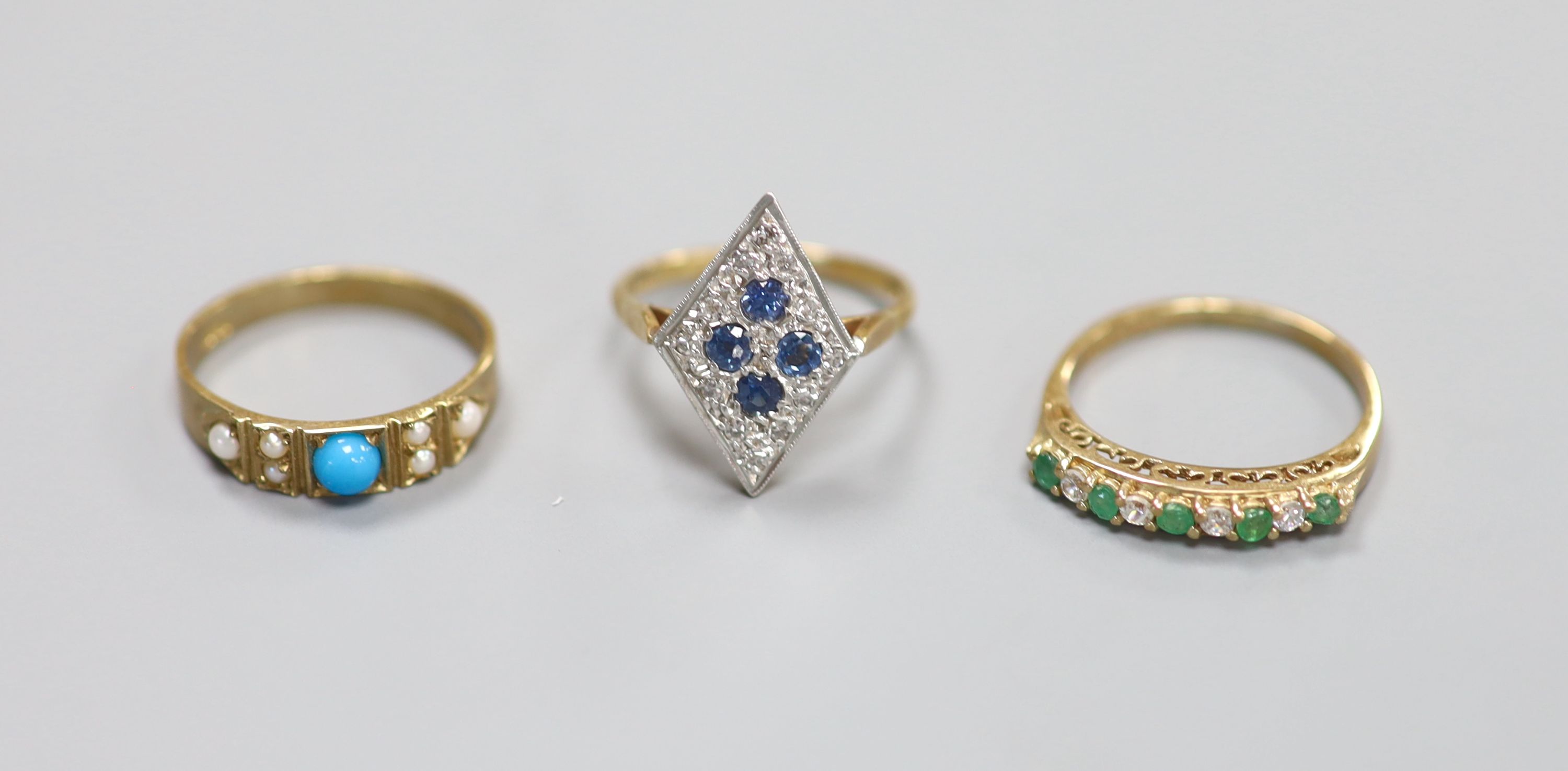 Three assorted modern 9ct gold and gem set rings including sapphire and diamond chip & turquoise & seed pearl